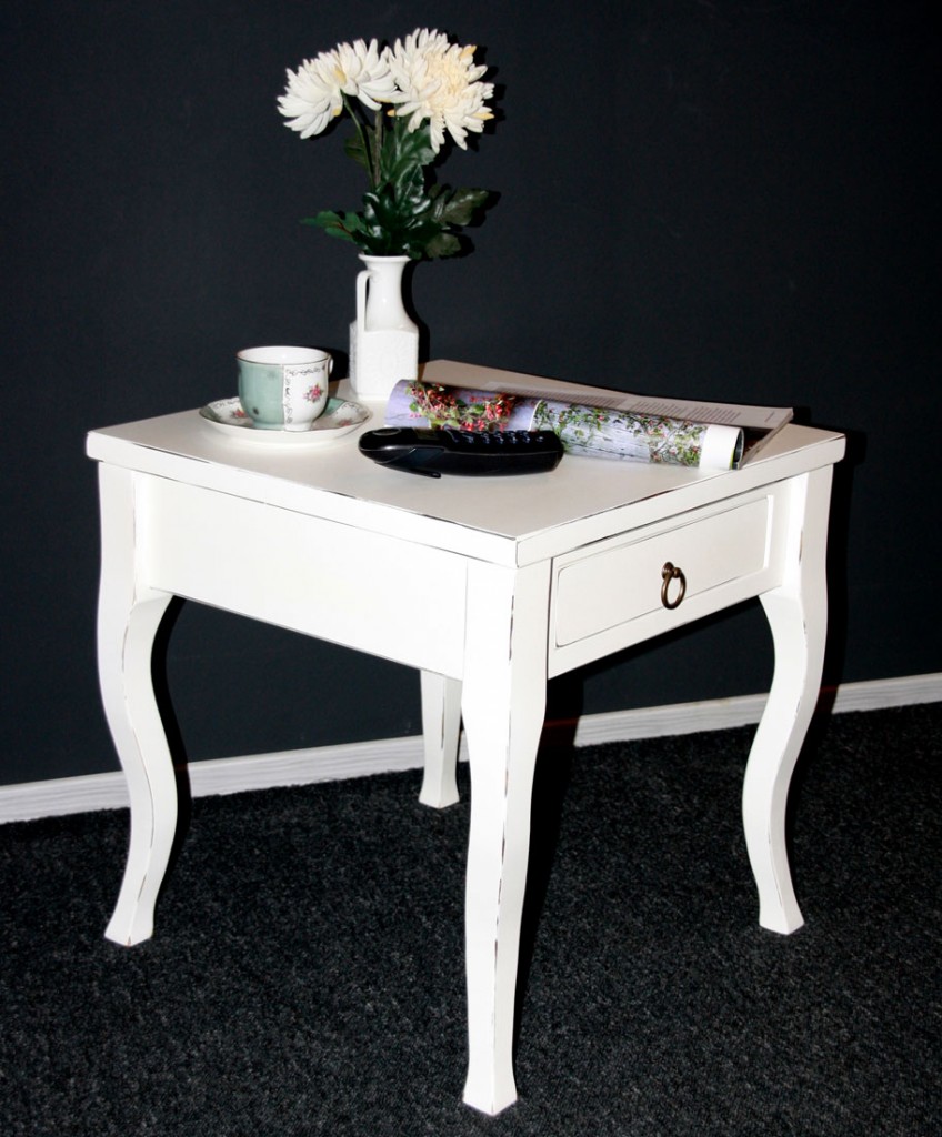 Massivholz Beistelltisch weiß antik Couchtisch mit Schublade Nachttisch