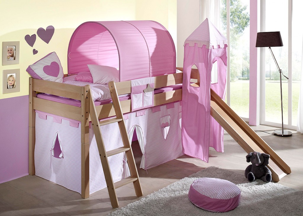 Massivholz hochbett spielbett mit vorhang buche massiv natur lackiert