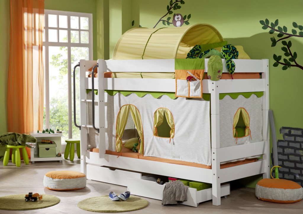 Massivholz hochbett spielbett mit vorhang buche massiv natur lackiert