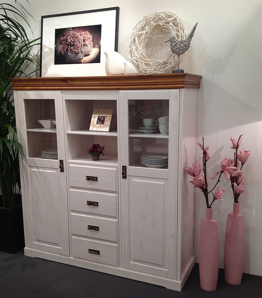 Massivholz Highboard Küchenschrank Esszimmerschrank Kiefer massiv weiß