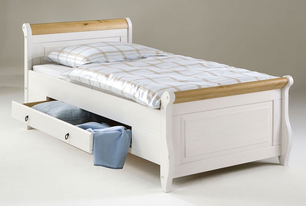 Bett mit Schubladen 100x200 weiß antik Holzbett Kiefer massiv Poarta