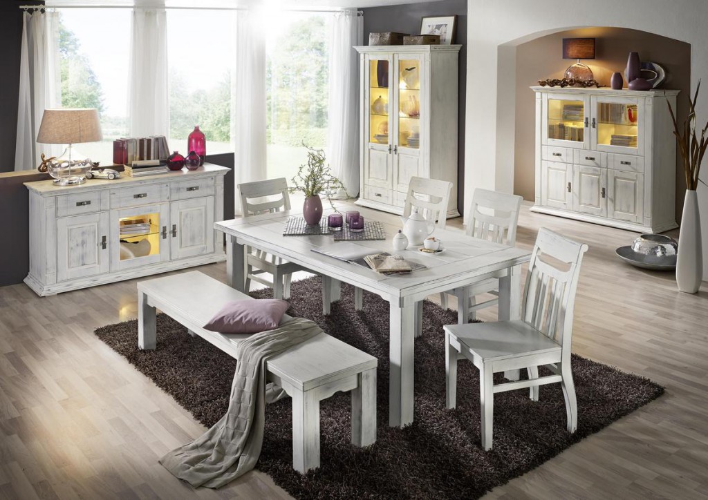 13414 Esszimmer komplett Kiefer weiss shabby chic Floren